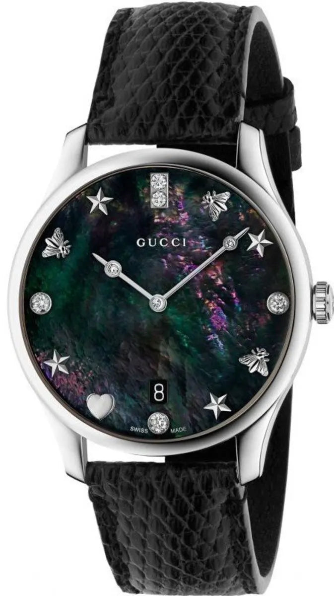 Gucci G-Timeless Black Mother of Pearl Dial Black Leather Strap Women's Watch YA1264086