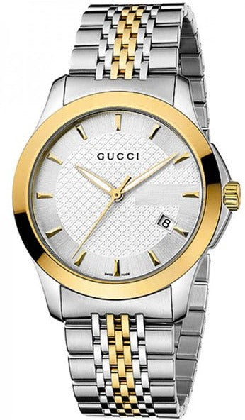 Gucci G Timeless watch with silver dial, two-tone steel and gold case, matching bracelet