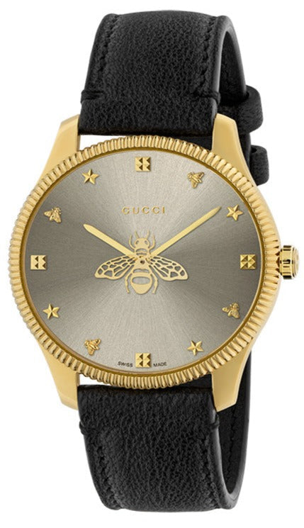 Gucci G-Timeless Yellow Gold PVD Silver Dial Black Leather Women Watch YA1264181