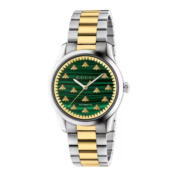 Gucci G-Timeless 38mm automatic watch with malachite dial and bee indices, two-tone bracelet
