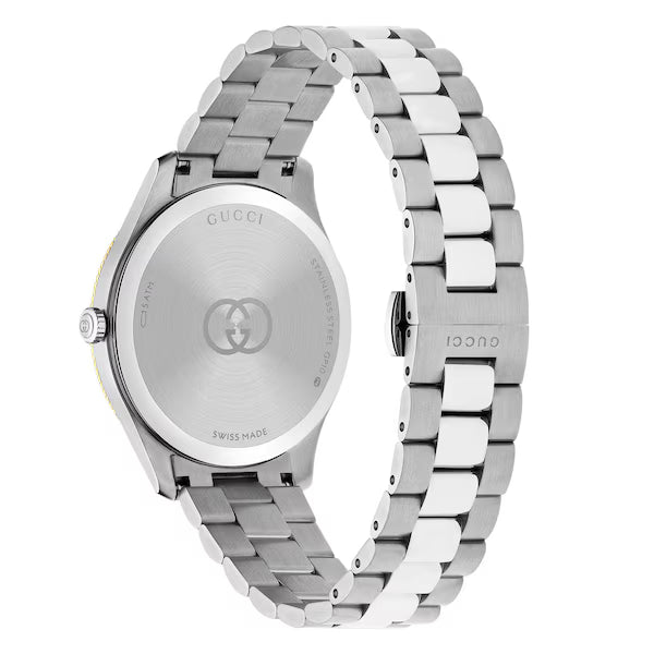 Caseback of Gucci G-Timeless watch with interlocking GG logo and Swiss Made marking