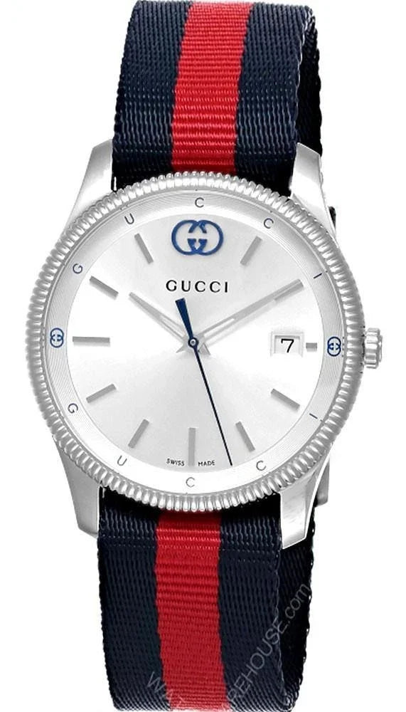 Gucci G-Timeless 38mm silver dial quartz watch with navy and red striped nylon strap