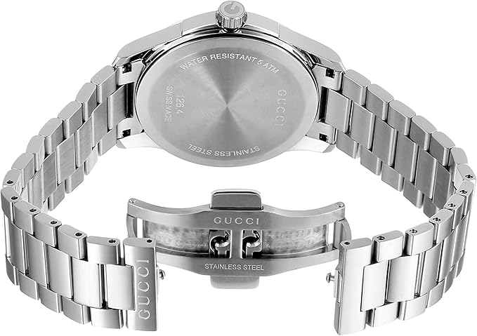 Caseback and strap detail of stainless steel Gucci G-Timeless watch