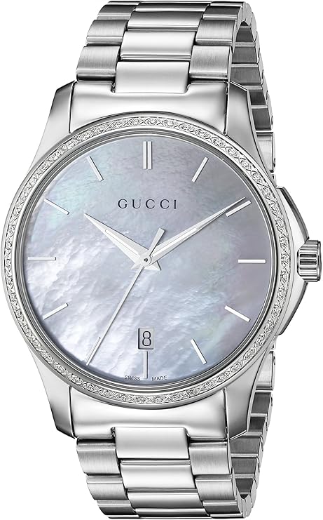 Gucci G-Timeless watch with mother of pearl dial and diamond bezel