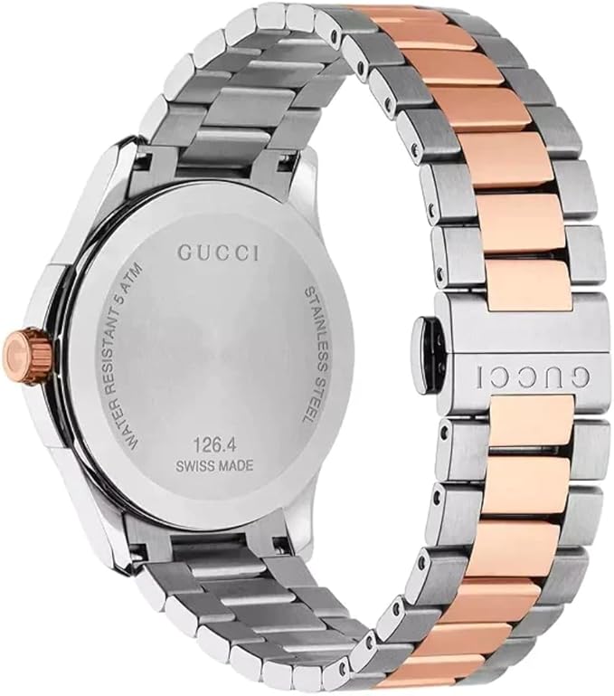 Gucci G-Timeless caseback showing two-tone stainless steel and rose gold bracelet construction