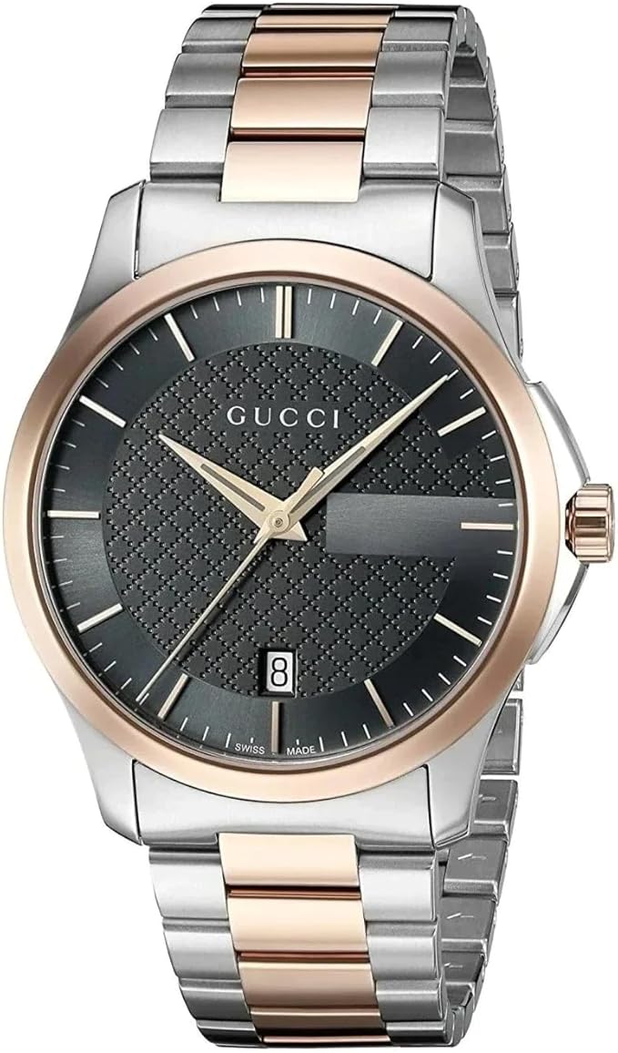 Gucci G-Timeless two-tone watch with grey dial, rose gold and silver bracelet, and date window