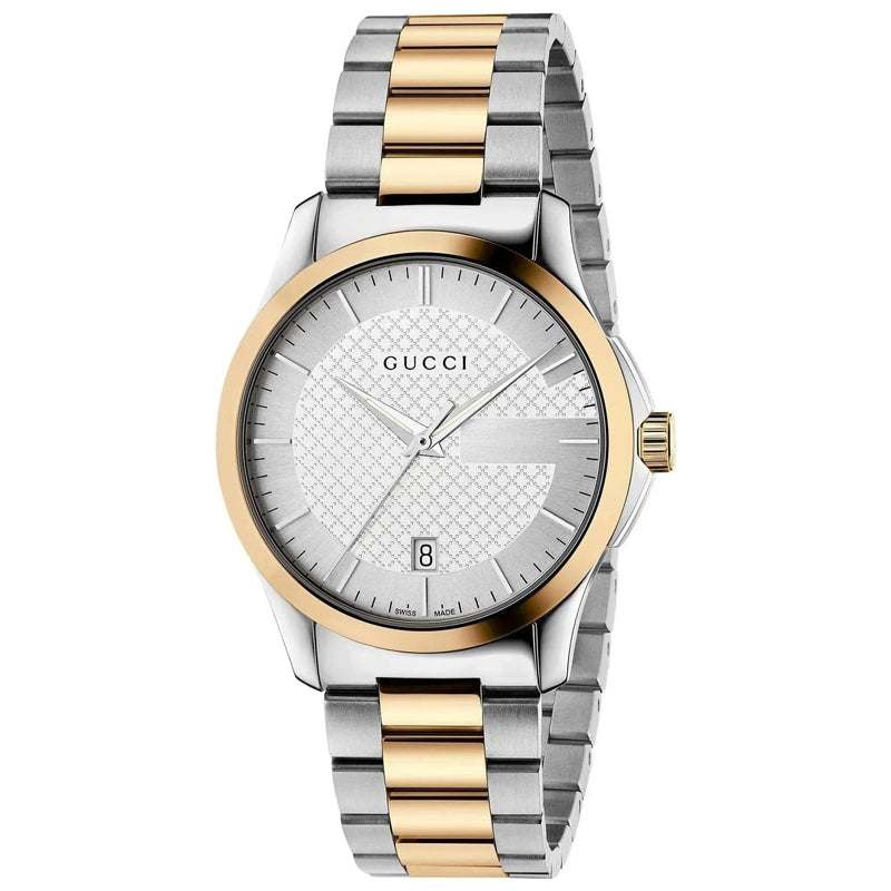 Gucci G-Timeless 38mm two tone gold and steel watch with silver dial and mixed metal bracelet