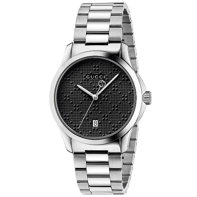 Gucci G-Timeless black dial watch with silver stainless steel bracelet