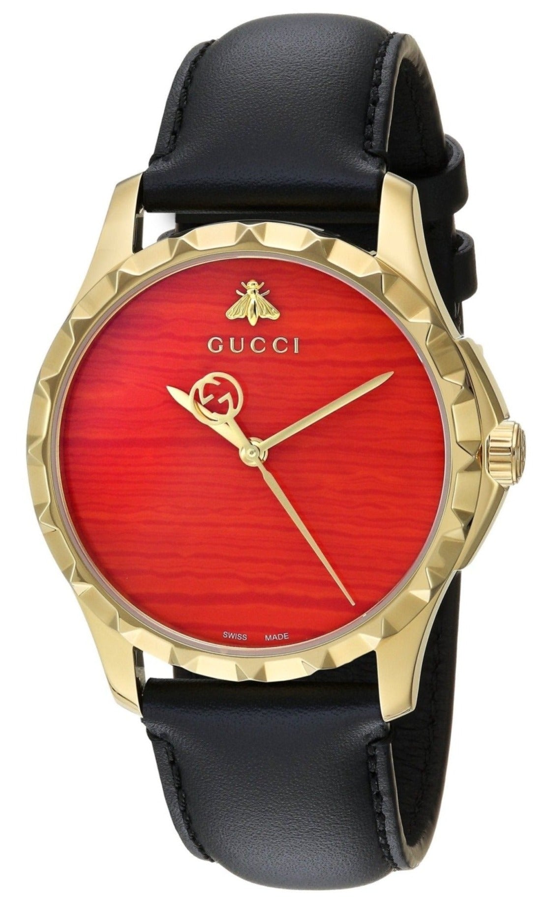 Gucci G-Timeless mens watch with coral red dial and gold-tone case