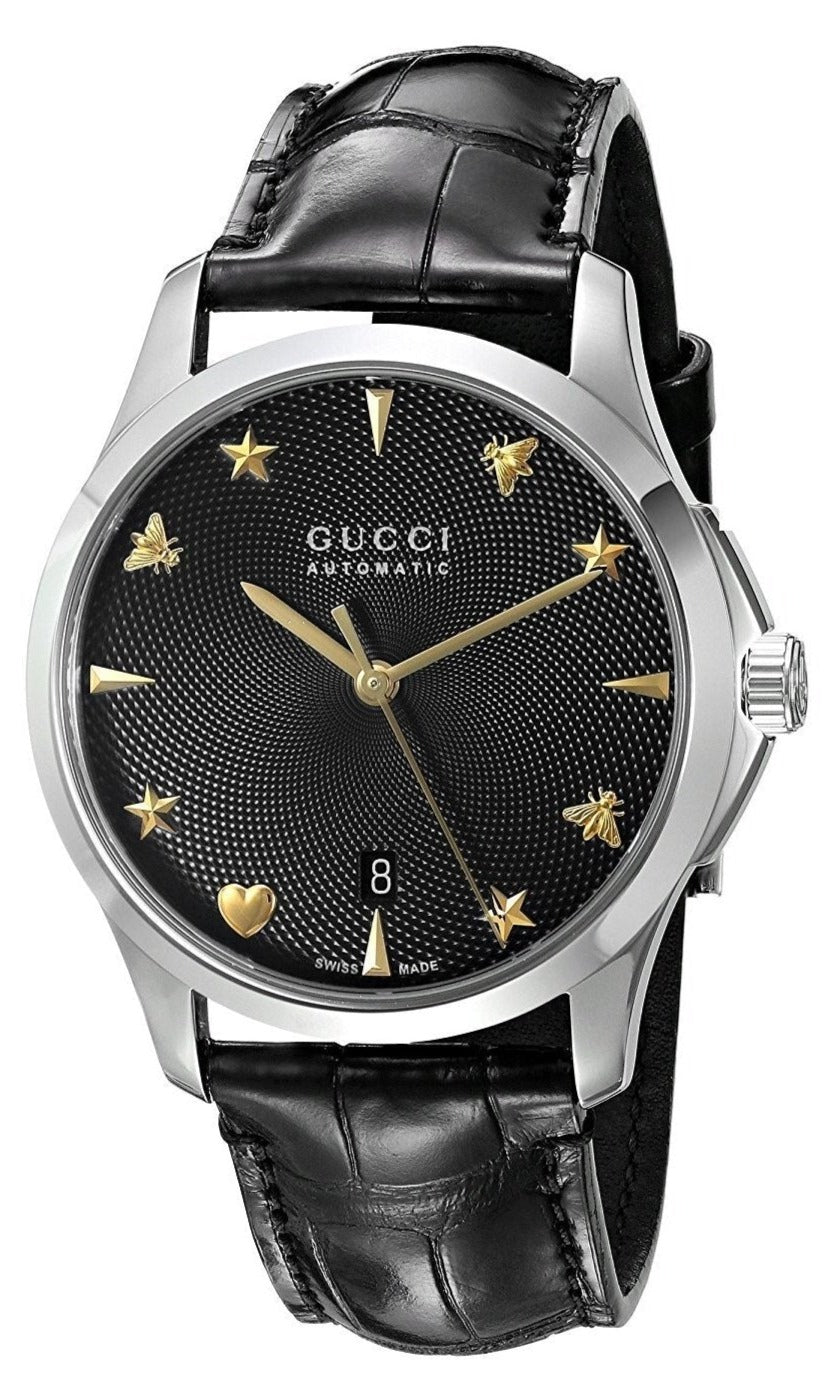 Gucci G-Timeless automatic ladies watch with black dial and gold indices on black leather strap