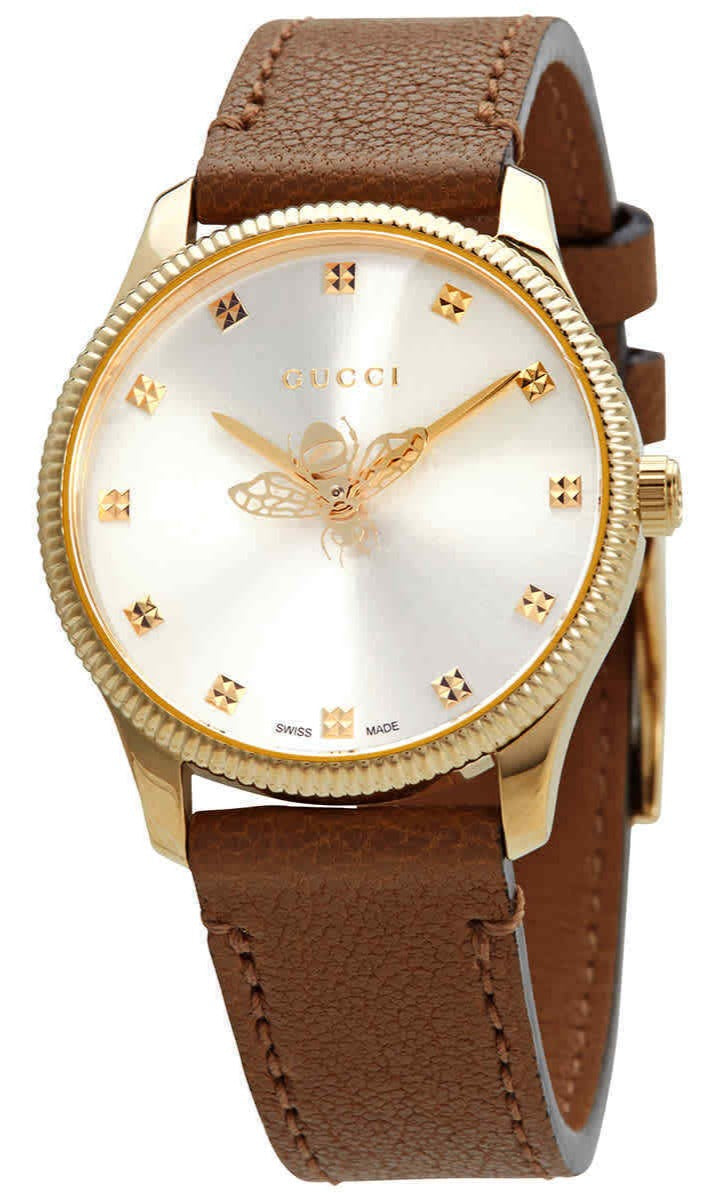 Gucci G-Timeless Quartz Silver Dial Brown Leather Strap Watch For Women - YA1265022