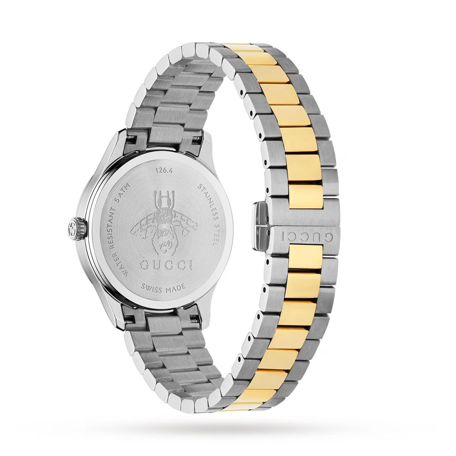 Caseback view of Gucci G-Timeless watch showing engraved bee motif logo and steel and gold bracelet