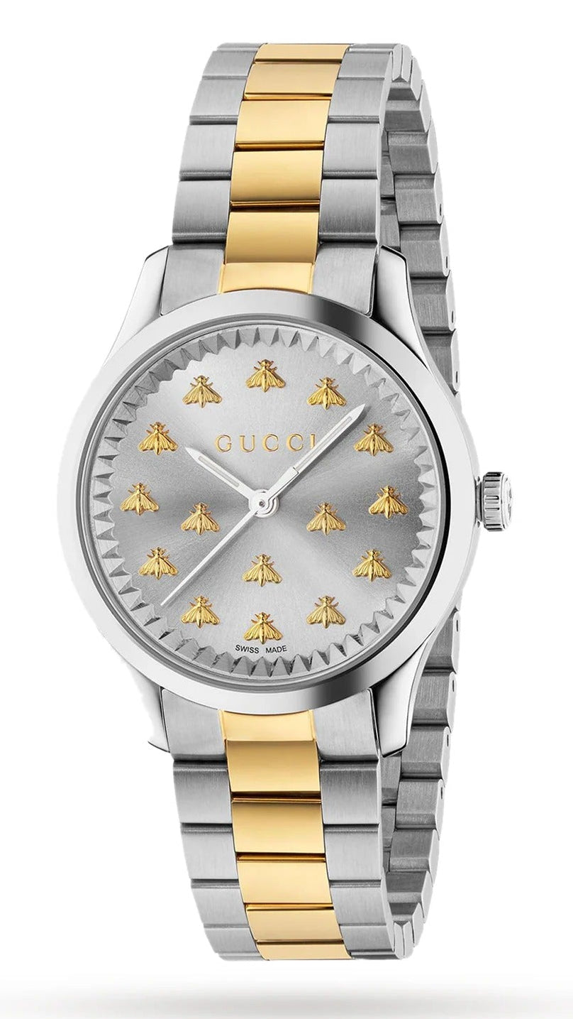 Gucci G-Timeless 32mm watch with steel and yellow gold two-tone bracelet, gray bee motif dial, and white hands