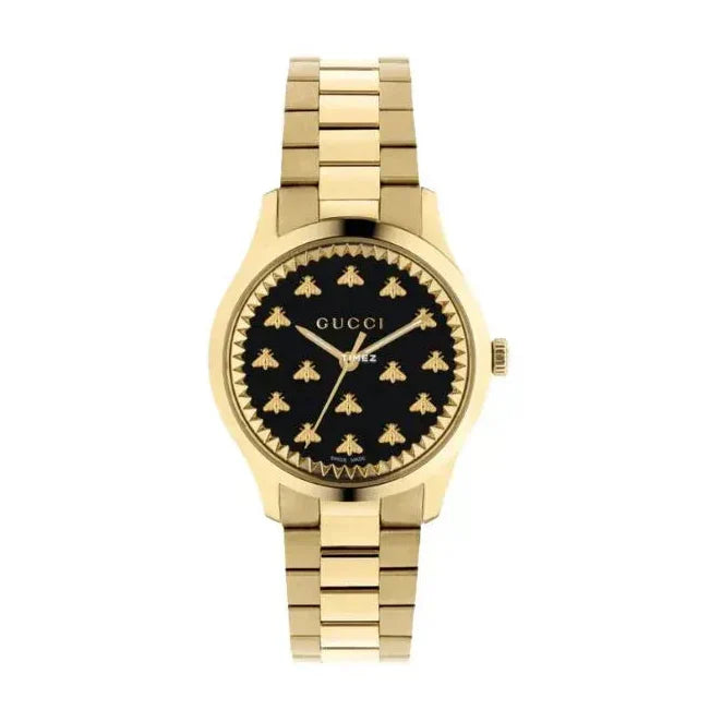 Gucci G Timeless 18K gold bracelet watch at angle showing dial and strap