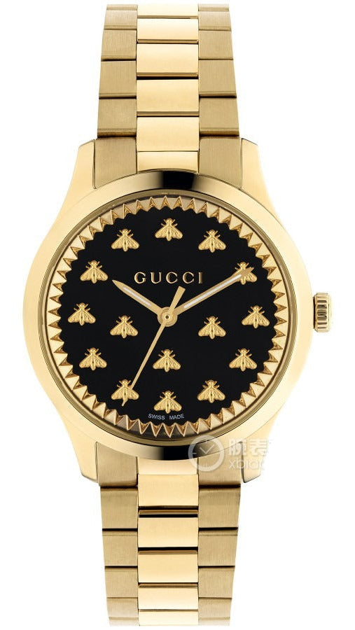 Gucci G Timeless 18K gold watch with black dial and gold bee pattern