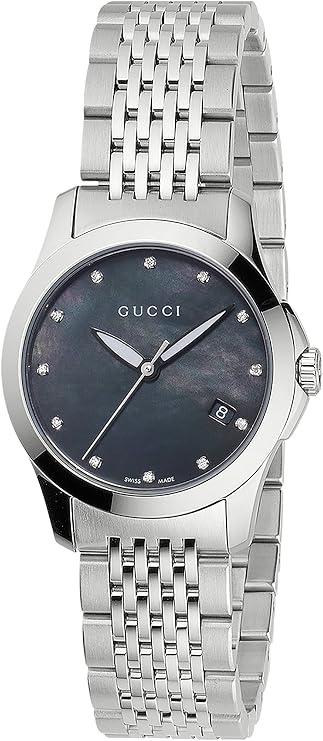 Gucci G-Timeless women's watch with black pearl dial, diamond markers, and stainless steel bracelet