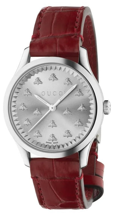 Gucci G-Timeless Silver watch with Bees Red Leather Strap YA1265057