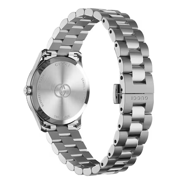 GUCCI G-Timeless watch side profile showing caseback with Gucci logo and stainless steel bracelet