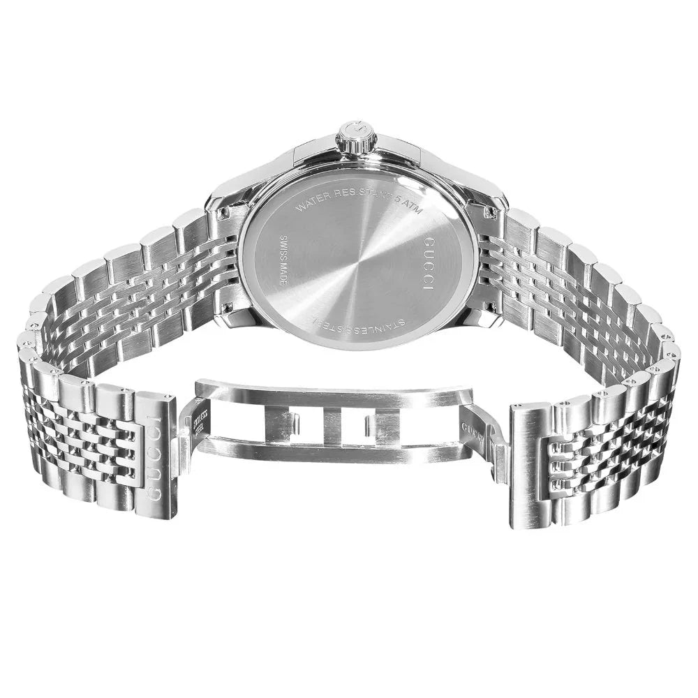 Gucci G-Timeless YA126510 caseback showing stainless steel and bracelet detail