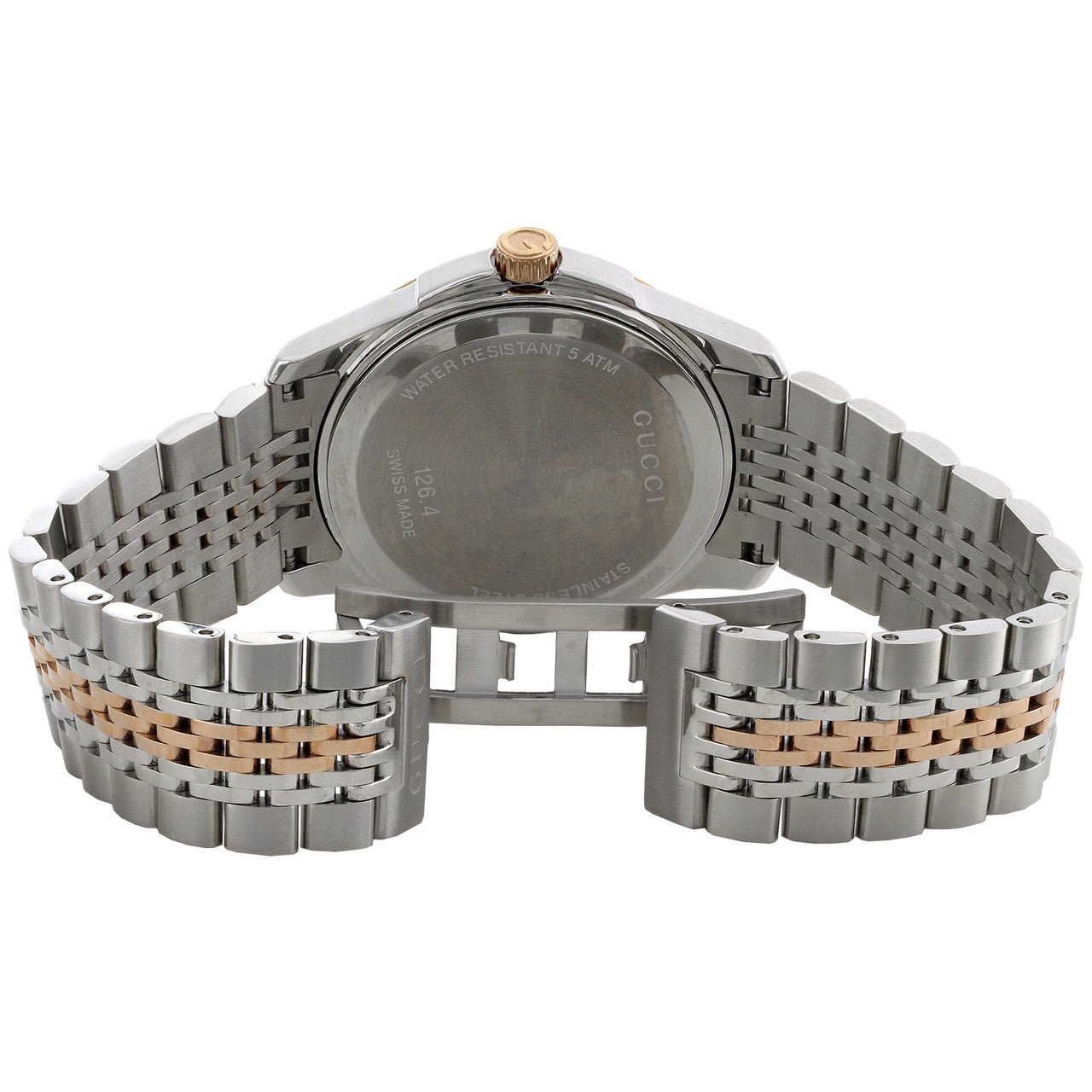 Caseback view of Gucci G-Timeless watch displaying stainless steel case back and bracelet