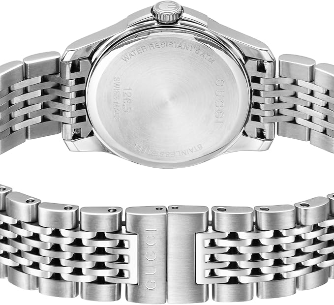 Gucci G-Timeless caseback and bracelet detail showing water resistance engraving
