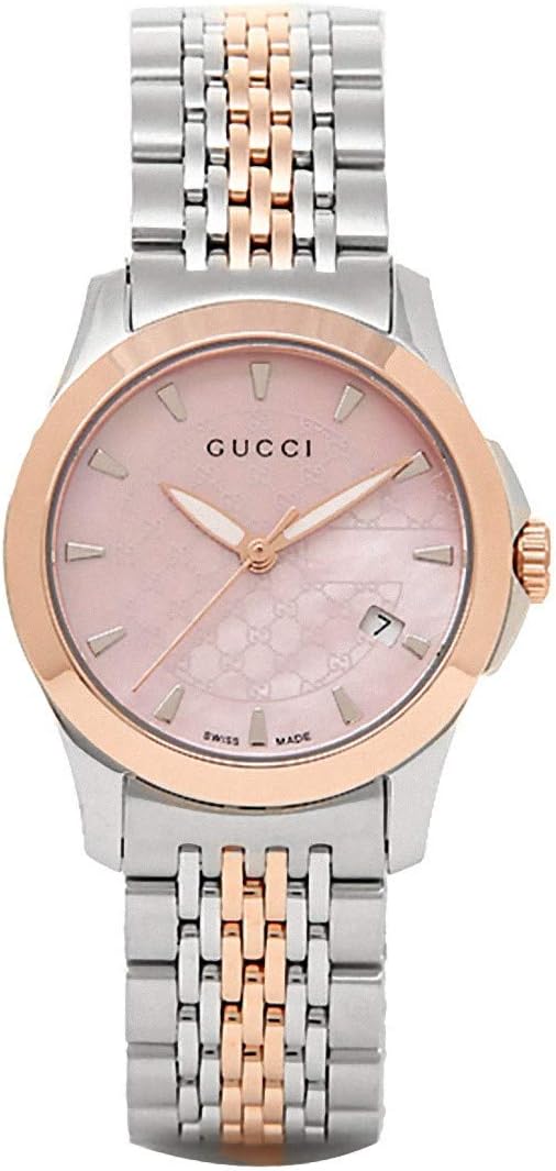 Gucci G Timeless ladies watch with pink gold and steel case, pink dial, and two-tone bracelet
