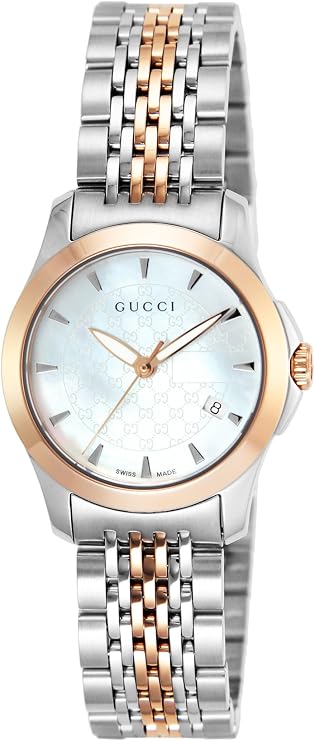 Gucci G-Timeless 27mm ladies watch with white pearl dial, two-tone stainless steel and rose gold bracelet