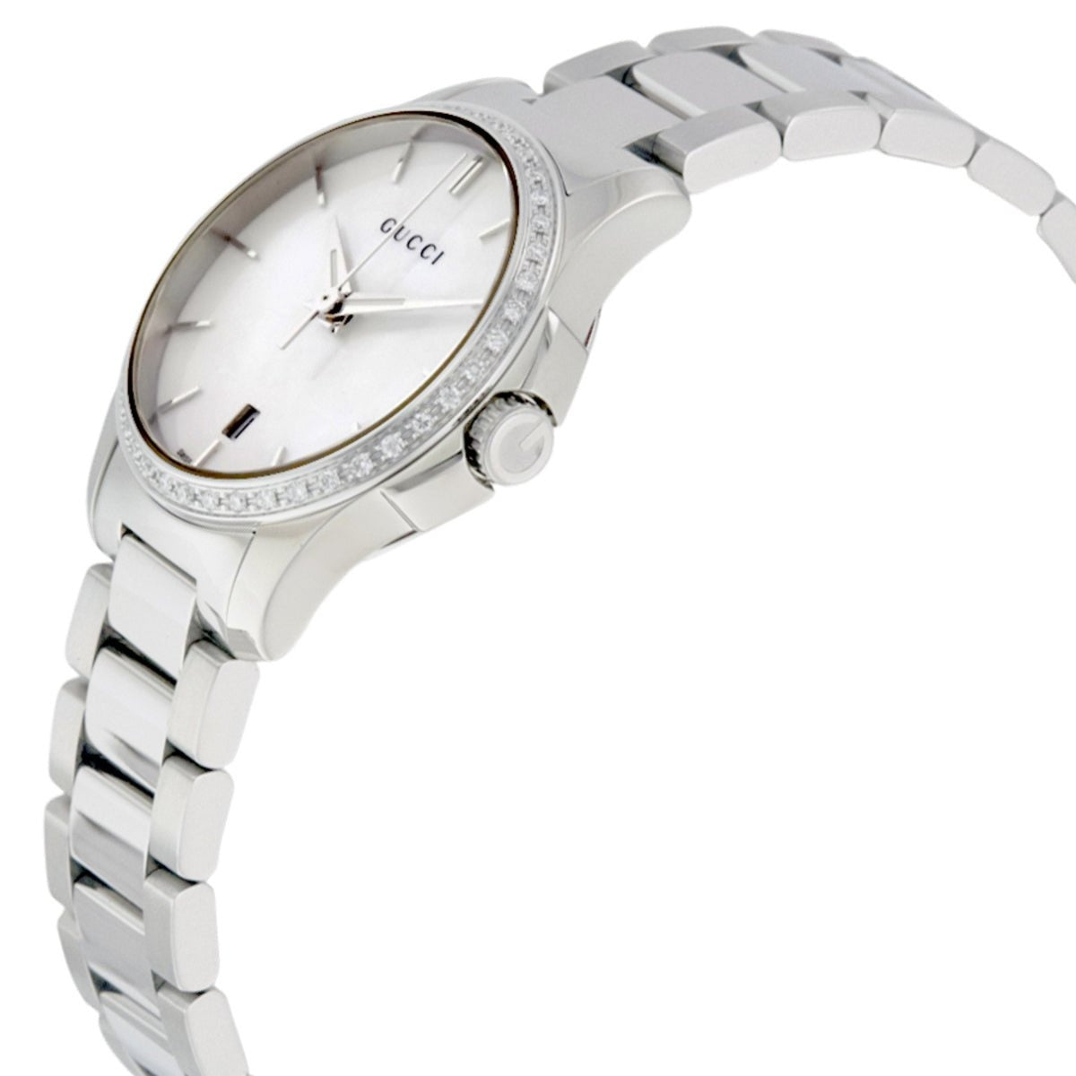 Gucci G-Timeless watch angled view showing white mother-of-pearl dial and stainless steel