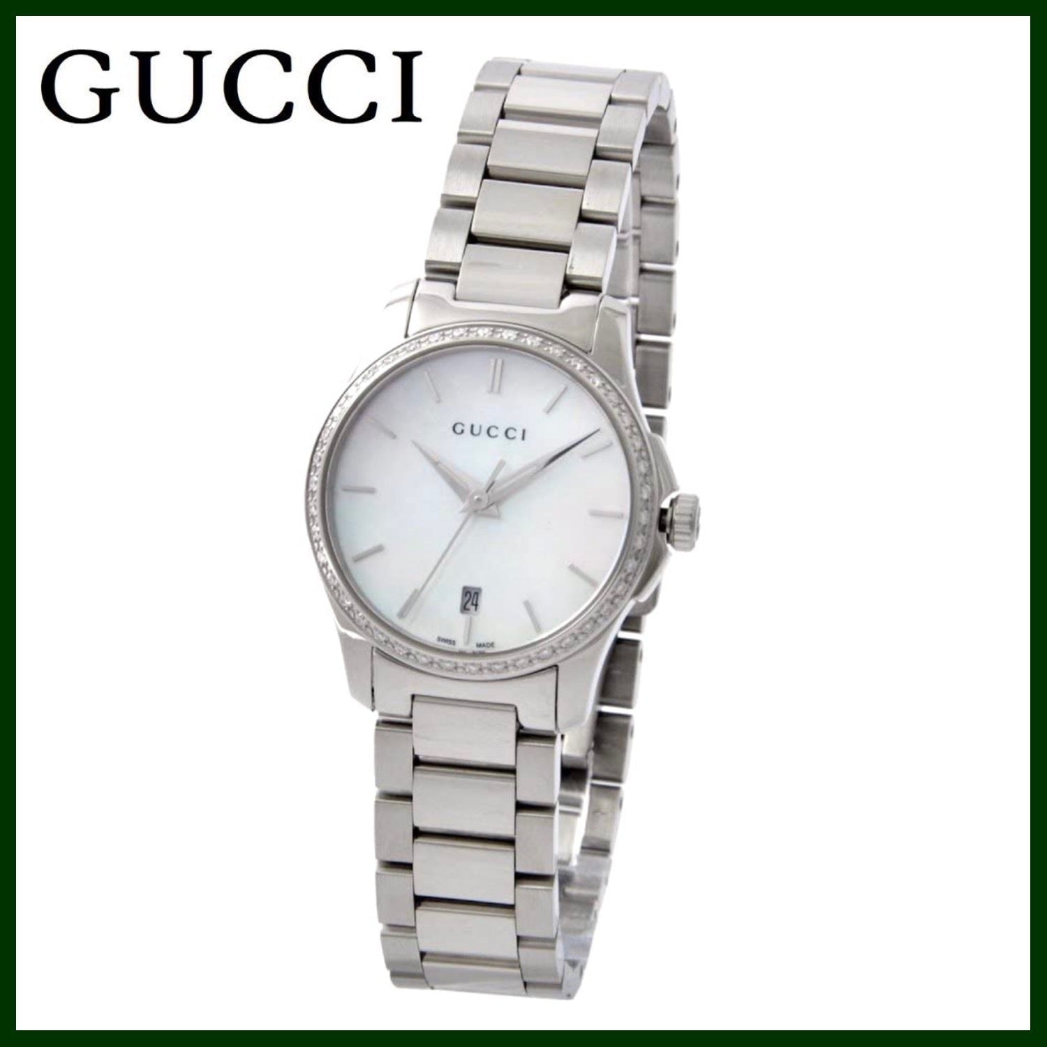 Gucci G-Timeless watch three-quarter view with mother-of-pearl dial and stainless steel bracelet