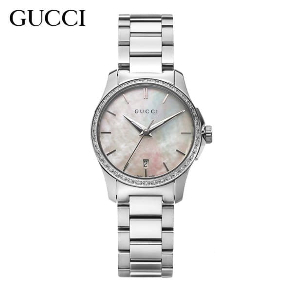Gucci G-Timeless watch front view with mother-of-pearl dial and stainless steel bracelet