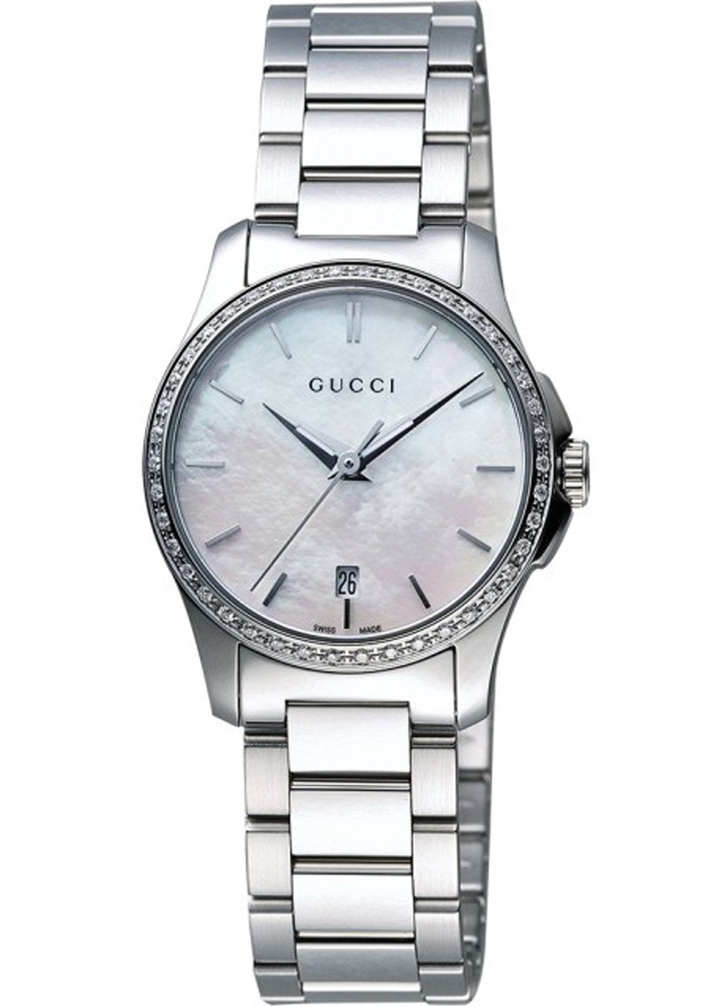 Gucci G-Timeless 27mm watch with pale pink mother-of-pearl dial, diamond bezel, date window