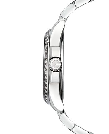 Gucci G-Timeless watch side profile view showing case profile and diamond bezel detail