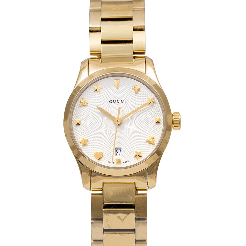 Gucci G-Timeless Ya126576 gold watch with silver dial and diamond hour markers