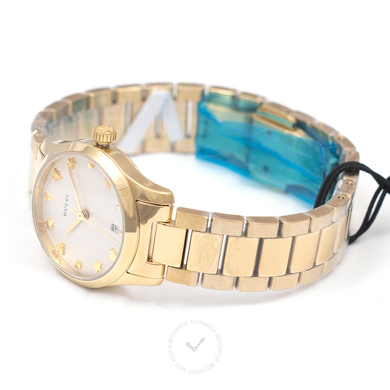 Gucci G-Timeless Ya126576 side view showing gold PVD steel bracelet and case