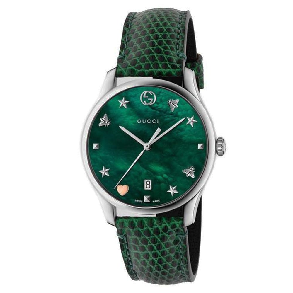 Gucci G-Timeless Green Mother of Pearl Dial Leather Strap Women's Watch YA126585