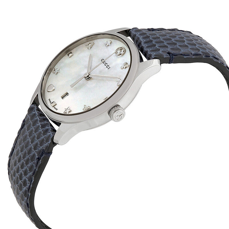 GUCCI G-Timeless WHT Mother of Pearl Dial Blue Leather Watch YA126588
