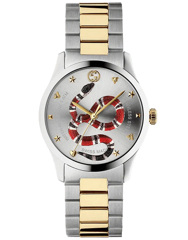 Gucci G-Timeless ladies watch with two-tone bracelet and snake emblem dial
