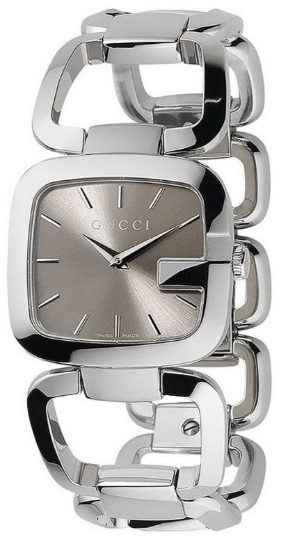 Gucci G square silver steel watch with brown dial and chunky silver bracelet