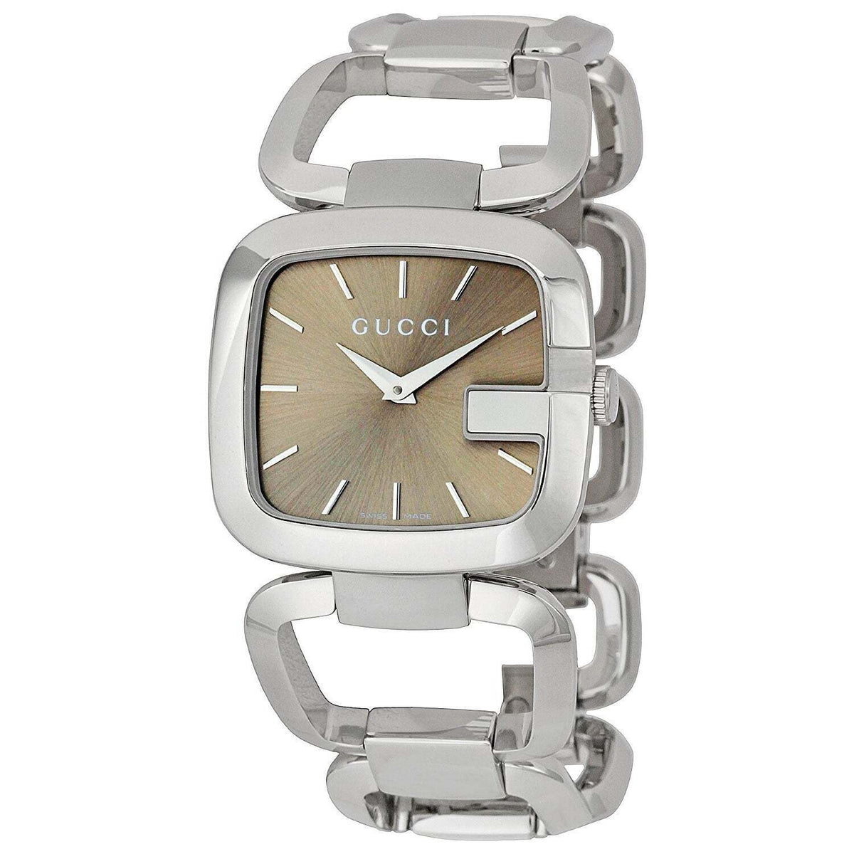 Side profile of Gucci G watch showing silver steel case and bracelet depth