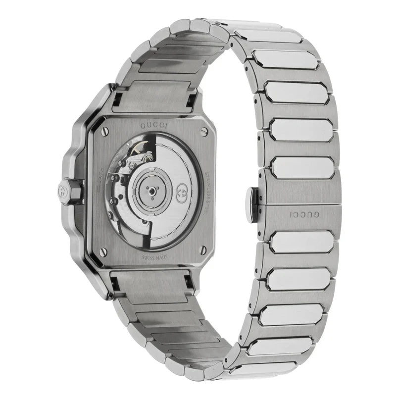 Gucci G-Flat caseback showing automatic movement visible through exhibition display