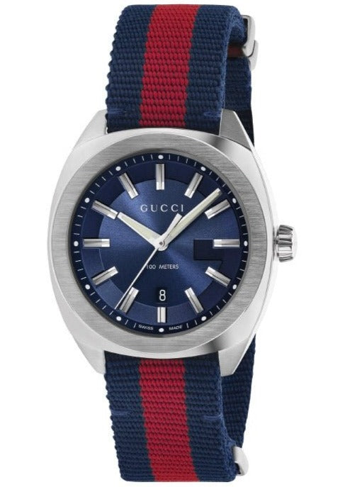 Gucci GG2570 watch front view with blue sunburst dial and striped NATO strap