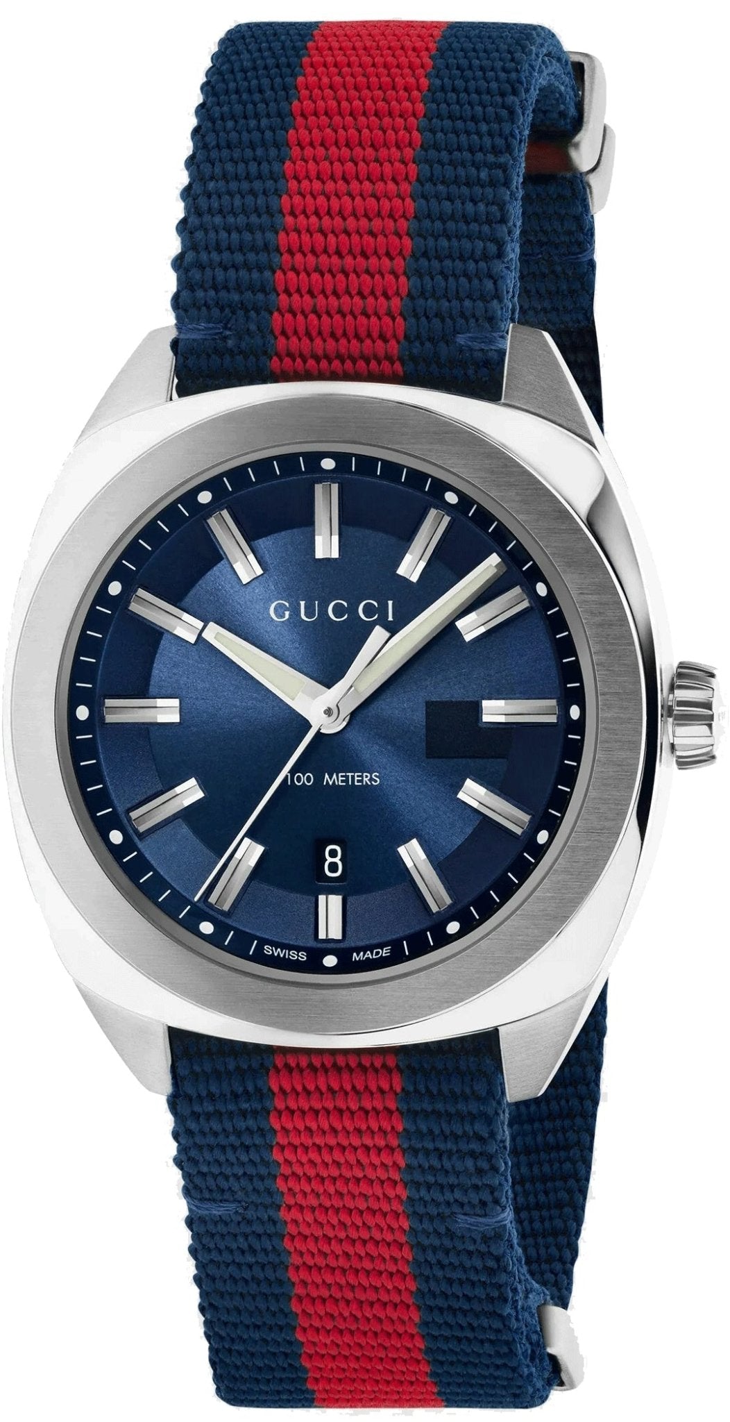 Gucci GG2570 men's watch with blue dial and navy-red nylon strap