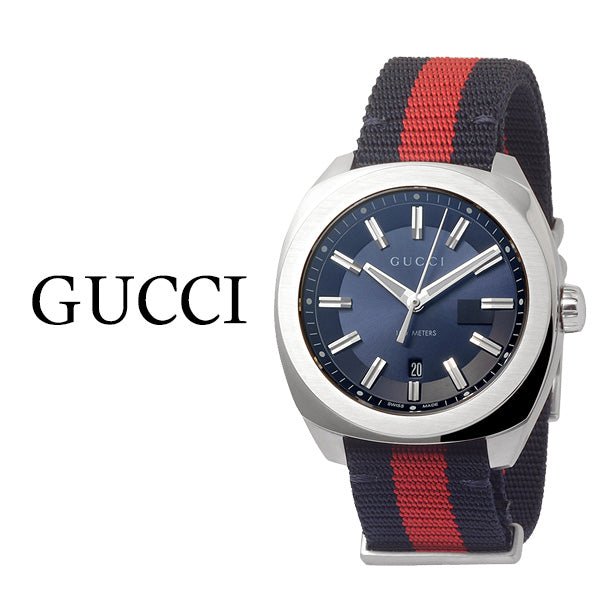 Gucci GG2570 men's watch with Gucci branding and blue dial visible
