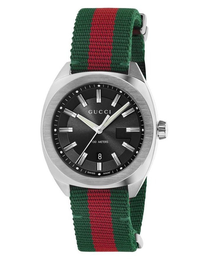 Gucci GG2570 YA142305 front view with black dial and striped nylon strap