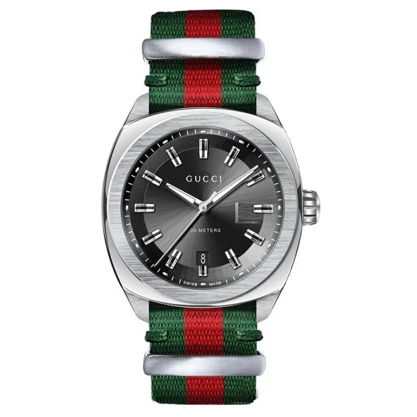 Gucci GG2570 YA142305 men's watch with green-red striped strap, top-down view