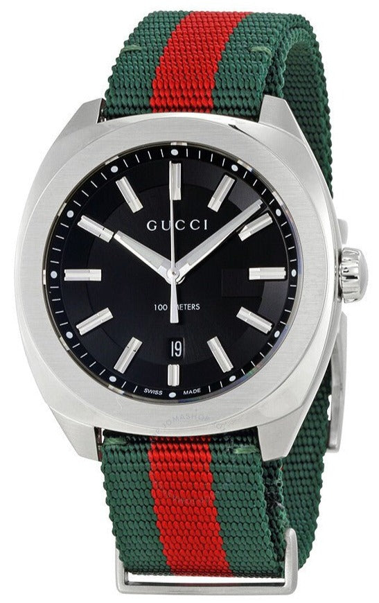 Gucci GG2570 YA142305 men's watch with black dial and green-red nylon strap
