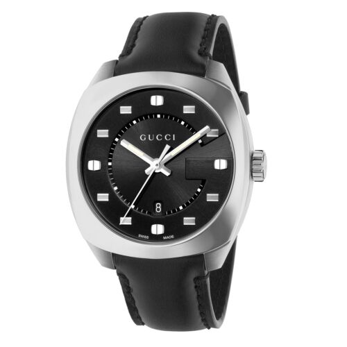Gucci GG2570 watch front view showing black dial with silver square indices and hands