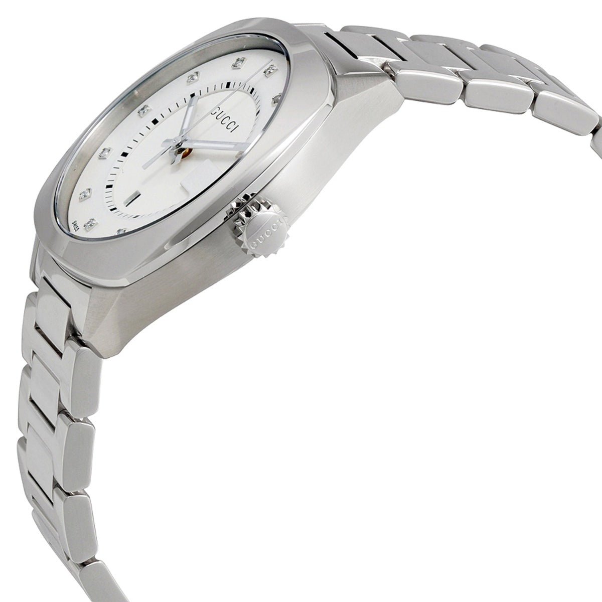 Side angle view of Gucci GG2570 stainless steel watch with link bracelet