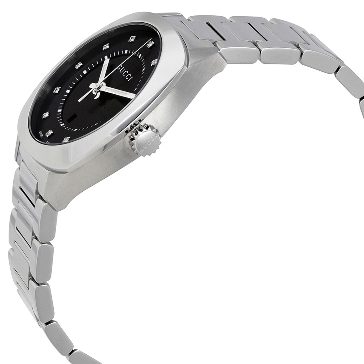 Gucci GG2570 watch angled view showing silver steel case, black dial, and link bracelet