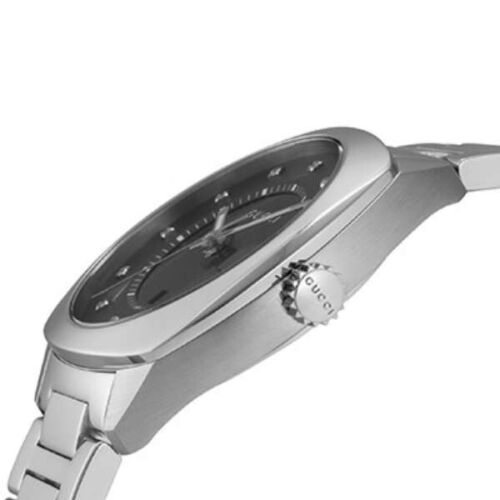 Gucci GG2570 watch side profile displaying silver steel case and crown detail